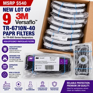 MSRP $540 NEW LOT OF 9 3M VERSAFLO TR-6710N-40 HIGH EFFICIENCY PAPR FILTERS FOR TR-600 SERIES RESPIRATORS, REF TR-6710N-40, EXP 0125