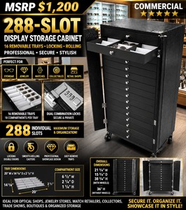 MSRP $1,200 COMMERCIAL 288-SLOT DISPLAY STORAGE CABINET, 16 REMOVABLE TRAYS, LOCKING ROLLING SHOWCASE FOR JEWELRY, WATCHES, SUNGLASSES, COLLECTIBLES, OPTICAL SHOPS &amp RETAIL DISPLAYS