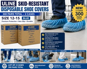 MSRP $180 NEW LOT OF 2 CASES ULINE SKID-RESISTANT DISPOSABLE SHOE COVERS, 300 PAIRS TOTAL, BLUE, SIZE 12-15, NON-SLIP BOOT COVERS FOR MEDICAL, CLEANROOM, CONTRACTORS, INSPECTIONS, PAINTING &amp FLOOR PROTECTION
