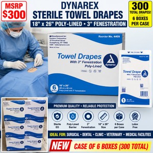 MSRP $300 NEW CASE OF 6 BOXES (300 TOTAL) DYNAREX STERILE TOWEL DRAPES, 18 X 26, POLY-LINED WITH 3 FENESTRATION, REF 4409, SURGICAL, DENTAL, CLINIC &amp VETERINARY USE