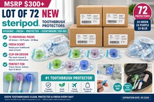 MSRP $300 LOT OF 72 NEW STERIPOD TOOTHBRUSH PROTECTORS, FRESH SCENT CLIP-ON HYGIENIC TOOTHBRUSH COVERS FOR MOST MANUAL &amp ELECTRIC TOOTHBRUSHES, TRAVEL, HOME, SCHOOL &amp GYM, EXP 052026