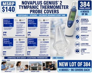 MSRP $140 NEW LOT OF 384 NOVAPLUS GENIUS 2 TYMPANIC THERMOMETER PROBE COVERS, 4 BOXES OF 96, REF V303030, DISPOSABLE COVERS FOR GENIUS 2 ELECTRONIC EAR THERMOMETERS, HOSPITALS, CLINICS, URGENT CARE &amp EMS, EXP 022028