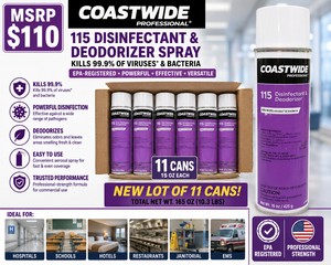 MSRP $110 NEW LOT OF 11 COASTWIDE PROFESSIONAL 115 DISINFECTANT &amp DEODORIZER SPRAYS, EPA-REGISTERED AEROSOL DISINFECTANT, KILLS 99.9% OF VIRUSES &amp BACTERIA, IDEAL FOR JANITORIAL, SCHOOLS, HOTELS, MEDICAL, RESTAURANTS &amp COMMERCIAL USE
