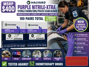 MSRP $400 NEW 2 BOXES HALYARD PURPLE NITRILE-XTRA STERILE CHEMOEMS POLICE EXAM GLOVES, XL, 100 PAIRS TOTAL, PREMIUM NITRILE, 12 EXTENDED CUFF, SUPERIOR BARRIER PROTECTION, TEXTURED GRIP, LATEXPOWDER-FREE TESTED AGAINST 52 DRUGS EXPIRED&nbsp