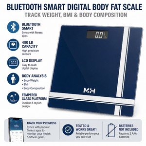 BLUETOOTH SMART DIGITAL BODY FAT SCALE, 400 LB CAPACITY, TEMPERED GLASS PLATFORM, LCD DISPLAY, BODY WEIGHT, BMI &amp BODY COMPOSITION TRACKING, FITNESS &amp HEALTH MONITOR, TESTED &amp WORKS GREAT NEEDS NEW BATTERIES