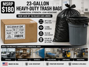 MSRP $180 NEW CASE OF 150 BLACK 23-GALLON HEAVY-DUTY COMMERCIAL TRASH BAGS, 29 X 44, 1.2 MIL CAN LINERS, LEAK-RESISTANT GARBAGE BAGS FOR OFFICES, RESTAURANTS, SCHOOLS, HEALTHCARE, JANITORIAL &amp INDUSTRIAL FACILITIES, MADE IN USA