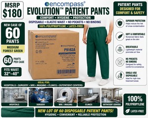 MSRP $180 NEW CASE OF 60 ENCOMPASS EVOLUTION DISPOSABLE PATIENT PANTS, MEDIUM, ELASTIC WAIST, FOREST GREEN, 100% POLYPROPYLENE, NO POCKETS, NO BINDING, IDEAL FOR HOSPITALS, SURGERY, MRI, IMAGING, CLINICS &amp OUTPATIENT CENTERS