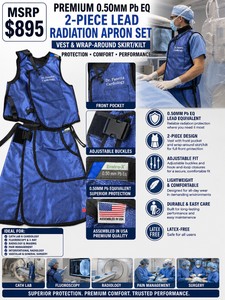 MSRP $895 1 PREMIUM 0.50MM Pb EQ 2-PIECE LEAD RADIATION APRON SET, BLUE VEST &amp WRAP-AROUND SKIRTKILT, ADJUSTABLE BUCKLES, FRONT POCKET, IDEAL FOR CATH LAB, CARDIOLOGY, FLUOROSCOPY, X-RAY, RADIOLOGY, PAIN MANAGEMENT &amp SURGERY, EXCELLENT