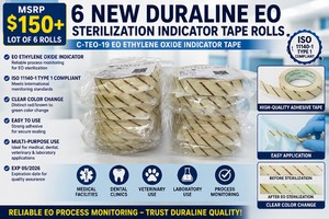 MSRP $150 LOT OF 6 NEW DURALINE C-TEO-19 EO ETHYLENE OXIDE STERILIZATION INDICATOR TAPE ROLLS, ISO 11140-1 TYPE 1 COMPLIANT, COLOR-CHANGE PROCESS MONITORING TAPE FOR MEDICAL, DENTAL, VETERINARY &amp LABORATORY USE, EXP 052026