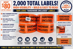 MSRP $80 LOT OF 4 NEW TAPE LOGIC HARDWARE ENCLOSED FLUORESCENT ORANGE SHIPPING LABEL ROLLS, 500 LABELS PER ROLL (2,000 TOTAL), HIGH-VISIBILITY CARTON IDENTIFICATION FOR WAREHOUSES, SHIPPING, PACKAGING, MOVING, MANUFACTURING &amp E-COMMERCE