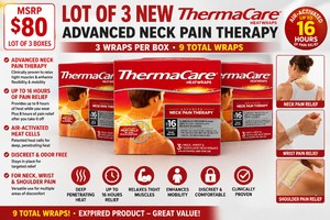 LOT OF 3 NEW THERMACARE ADVANCED NECK PAIN THERAPY HEATWRAPS, 3 WRAPS PER BOX (9 TOTAL WRAPS), AIR-ACTIVATED HEAT CELLS, UP TO 16 HOURS OF PAIN RELIEF, FOR NECK, WRIST &amp SHOULDER PAIN, EXPIRED