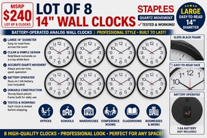 MSRP $240 LOT OF 8 STAPLES 14 QUARTZ WALL CLOCKS, BATTERY-OPERATED ANALOG OFFICE CLOCKS, LARGE EASY-TO-READ BLACK NUMERALS, CLASSROOM, WAREHOUSE, SCHOOL, OFFICE, CONFERENCE ROOM OR BUSINESS USE, TESTED &amp WORKING