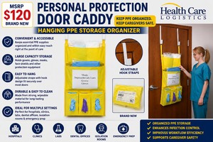 MSRP $120 NEW HEALTH CARE LOGISTICS YELLOW PERSONAL PROTECTION DOOR CADDY, HANGING PPE STORAGE ORGANIZER, HOLDS GOWNS, GLOVES, MASKS &amp FACE SHIELDS, IDEAL FOR HOSPITALS, CLINICS, LABS, DENTAL, ISOLATION ROOMS &amp EMERGENCY PREP