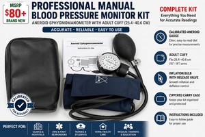 MSRP $80 NEW PROFESSIONAL MANUAL BLOOD PRESSURE MONITOR KIT, ANEROID SPHYGMOMANOMETER WITH ADULT CUFF (25.440.6 CM), CALIBRATED GAUGE, INFLATION BULB, CARRY CASE &amp INSTRUCTIONS, PERFECT FOR CLINICS, EMS, NURSES, HOME HEALTH &amp MEDICAL TRAINING