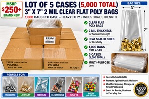 MSRP $250 LOT OF 5 CASES (5,000 TOTAL) 3 X 7 2 MIL CLEAR FLAT POLY BAGS, 1,000 BAGS PER CASE, HEAVY-DUTY POLY PACKAGING FOR PARTS, JEWELRY, HARDWARE, MEDICAL, CRAFTS, FOOD (NON-VACUUM), SHIPPING, RETAIL &amp RESALE