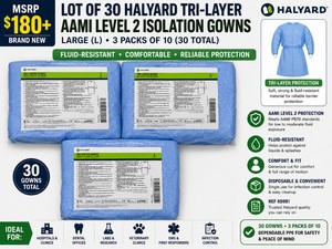 MSRP $180 NEW LOT OF 30 HALYARD TRI-LAYER AAMI LEVEL 2 ISOLATION GOWNS, SIZE LARGE, 3 PACKS OF 10 (30 TOTAL), REF 69981, FLUID-RESISTANT DISPOSABLE PPE FOR HOSPITALS, CLINICS, DENTAL, LABS, VETERINARY, EMS &amp INFECTION CONTROL