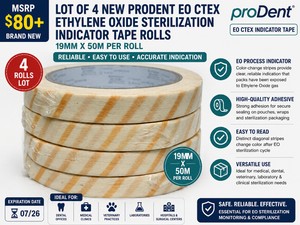 MSRP $80 LOT OF 4 NEW PRODENT EO CTEX ETHYLENE OXIDE STERILIZATION INDICATOR TAPE ROLLS, 19MM X 50M, MEDICAL &amp DENTAL AUTOCLAVE PACKAGING TAPE, COLOR-CHANGE PROCESS INDICATOR, EXP 0726