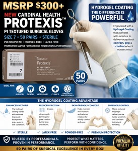 MSRP $300 NEW CARDINAL HEALTH PROTEXIS SIZE 7 PI TEXTURED SURGICAL GLOVES, 50 PAIRS, STERILE POLYISOPRENE, POWDER-FREE, LATEX-FREE, HYDROGEL COATING, PREMIUM OR GLOVES FOR SURGERY, DENTAL, VETERINARY, CLINICS &amp SPECIALTY PROCEDURES