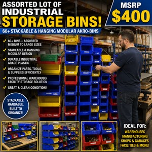 MSRP $400 ASSORTED LOT OF INDUSTRIAL STORAGE BINS, 60 STACKABLE &amp HANGING MODULAR AKRO-BINS, ASSORTED MEDIUM TO LARGE SIZE &amp COLORS, PROFESSIONAL WAREHOUSEFACILITY STORAGE GREAT &amp CLEAN CONDITION
