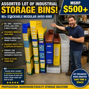 MSRP $500 ASSORTED LOT OF INDUSTRIAL STORAGE BINS, 90 STACKABLE MODULAR AKRO-BINS, ASSORTED EXTRA LONG SIZES &amp MULTI COLORS, PROFESSIONAL WAREHOUSEFACILITY STORAGE GREAT &amp CLEAN CONDITION&nbsp