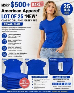 MSRP $500 RARE 25 VINTAGE NEW AMERICAN APPAREL CLASSIC GIRL FINE JERSEY TEE ROYAL BLUE, SOFT CASUAL SHORT SLEEVE TEES MIXED SIZES legendary vintage-style staple known for its slim, form-fitting silhouette tailored specifically to contours