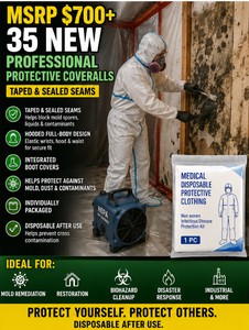 MSRP $700 NEW CASE 35 PROFESSIONAL DISPOSABLE PROTECTIVE BUNNY SUITS, HOODED PPPE LAMINATED FULL-BODY COVERALLS TAPED &amp SEALED SEAMS, BOOT COVERS, FOR BIOHAZARD, LABORATORY, PAINTING, AUTO BODY, MOLD REMEDIATION, CLEANROOM &amp INDUSTRIAL USE
