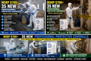 MSRP $700 NEW CASE 35 PROFESSIONAL DISPOSABLE PROTECTIVE BUNNY SUITS, HOODED PPPE LAMINATED FULL-BODY COVERALLS TAPED &amp SEALED SEAMS, BOOT COVERS, FOR BIOHAZARD, LABORATORY, PAINTING, AUTO BODY, MOLD REMEDIATION, CLEANROOM &amp INDUSTRIAL USE