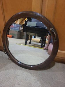 Vintage Round Wall Mirror Dark Wood Frame Floral Metal Accents