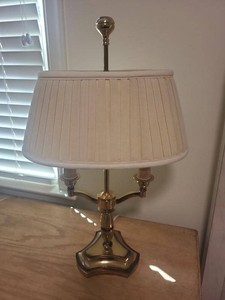 Vintage Brass Tone Two Light Bouillotte Style Table Lamp w Shade