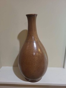 Signed Studio Pottery Bottle Vase Brown Speckled Glaze 18in