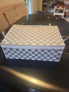 Woven Lidded Storage Box Basket Bin Beige Gray Fabric Lined