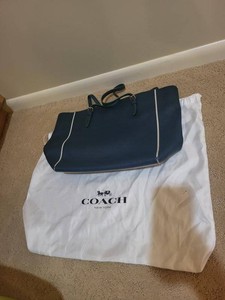 Coach New York Blue Leather Zip Top Tote Bag White Trim Dust Bag