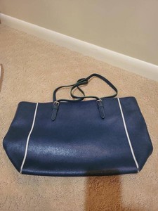 Coach New York Blue Leather Zip Top Tote Bag White Trim Dust Bag