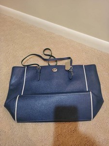 Coach New York Blue Leather Zip Top Tote Bag White Trim Dust Bag