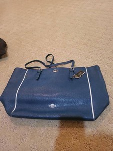 Coach New York Blue Leather Zip Top Tote Bag White Trim Dust Bag