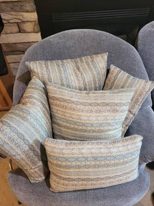 Set of 5 Woven Accent Throw Pillows Blue Beige Geometric Stripe