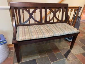 Dark Wood Entryway Bench with Geometric Back & Tufted Cushion