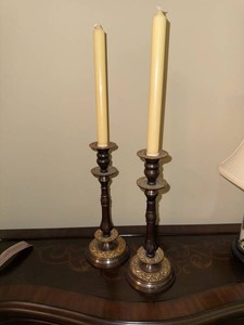 Pair of Made in India Wood & Brass Tone Taper Candlesticks 11in