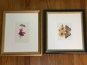 Pair of Carol Clark Signed Framed Floral Butterfly Prints Wall Art