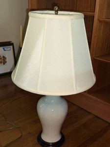 Unmarked Ceramic Table Lamp With Shade Ivory Blue Glaze 27in
