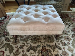Square Tufted Ottoman on Casters Neutral Microfiber Wood Legs