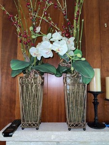 Pair of Faux Orchid Floral Arrangements in Metal Sleeve Vases
