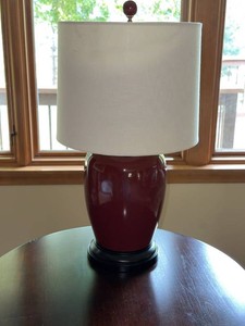 Red Ceramic Ginger Jar Table Lamp with Drum Shade Black Base