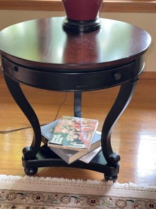 Round Accent End Table With Drawer Lower Shelf Black Wood Finish