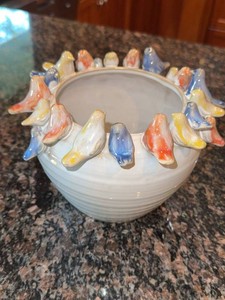 Ceramic Bird Rim Planter Cachepot White Multicolor Approximately 6in