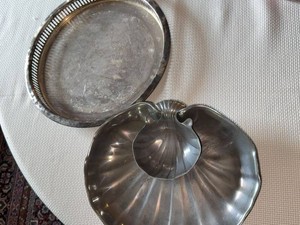 Vintage Pewter Shell Bowl with Round Silverplate Gallery Tray