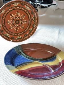 Horezu Pottery Plate & Signed Art Pottery Divided Serving Dish
