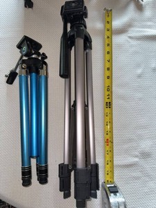 Pair of Aluminum Camera Tripods Full Size and Tabletop Blue Black