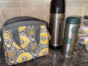 Insulated Lunch Bag Thermos & Travel Mug Set Gray Yellow Stainless