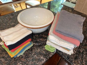 Vintage White Serving Bowl Wood Rim & Assorted Kitchen Towels Lot